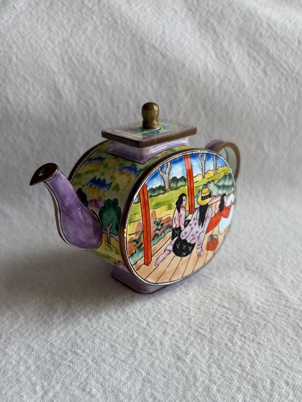 Kelvin Chen Signed Miniature Enamel Over Metal Teapot #490 Paul Gauguin Inspired